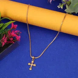 cute gold One Gram Micro Gold Plated Men Style Lord Jesus Cross Pendant Chain For Mens And Womens (18 inch)(DC-1133) image 1