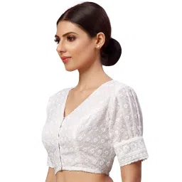 studio shringaar Women's Readymade Cotton Chikankari Saree Blouse with Puff Sleeves image 3