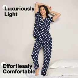 nykd Breezy Rayon Pyjama with Elasticated Waist & Pockets – Relaxed Fit & Contrast Piping – NYS142 NAVY BLUE image 1