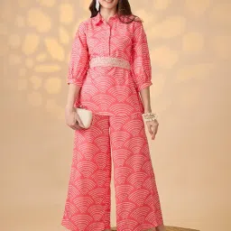 globus Women Shirt Collar Puff Sleeves Abstract Print Tunic with Palazzos & Embroidered Belt Fusion Co-Ord Set image 1