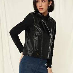 tandul Solid Black Women's Jacket - Faux Leather Sleeveless (10447) image 5