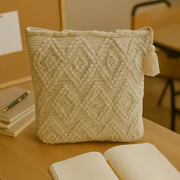 Cotton Boho Tote Bag with Pom-Pom Weave and Tassel, Large 40x35 cm, Beige White, Handmade Shoulder Bag image 5
