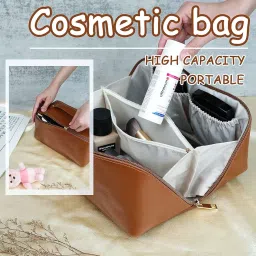 ROMINO Wide Opening Leather Travel Makeup Organizer Pouches for Women, Large Capacity Cosmetic Bag with Handle and Divider, Multifunctional Travel Pouch Vanity Makeup Bag, Waterproof, 12 Cm (Brown) image 3