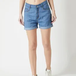 miss chase Women's Blue Relaxed Fit Clean Look Regular Length Mid Rise Denim Shorts image 1