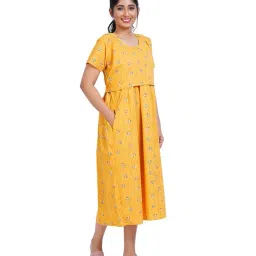 menmaii Zipless One Piece Maternity & Feeding Dress/Gown/Nighty| 100% Cotton with a Side Pocket | Calf/Full Length/for Pregnancy & Nursing- (L to 4XL) image 4