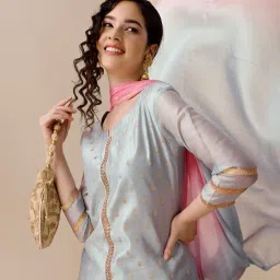 ethnicjunction Women's Chanderi Silk Jacquard Straight Kurta Pant with Dupatta image 3