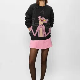 the souled store Pink Panther: Unbothered Women and Girls Long Sleeves Round Neck Black Graphic Printed Acrylic Oversized Sweaters image 1