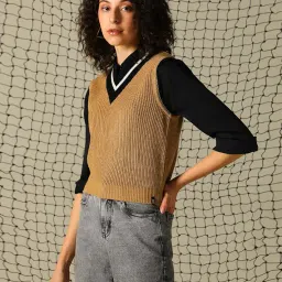 hubberholme Women Knitted Acrylic Regular fit V Neck Sleeveless Sweaters image 3