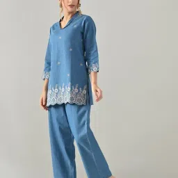 pr clothing Women's Denim Light Blue Coord Set With Beige Hem Embroidery | 3/4 Sleeve | V- Neck | Pant With Half Elatic With Draw Strings | Casual Wear | image 4