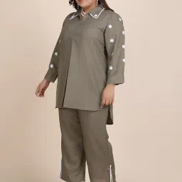 bani women Plus Size Embroidered Co-ord Set with Collared Neck and Side Slit Pants | 2 Pec Out Fit Dress | Outerwear Dress image 2