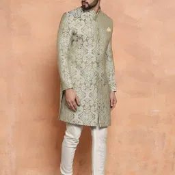 kisah Men's Ethnic Wear Silk Blend Woven Design Regular Fit Olive Indo-Western Sherwani Set Indo-Western image 1