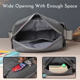 wooum Dark Grey Sling Bag for Men & Women | Water Resistant Khadi Milange Fabric | 3 Zipper Compartments | Adjustable Strap | 500ml Bottle Holder | Travel & Daily Use Crossbody Bag image 4