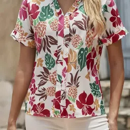 gufrina Women's Floral Print V-Neck Casual Top – Lightweight Short Sleeve Top for Everyday Wear image 5