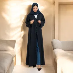 musheco Shrug Like Abaya in Firdaus Fabric Without Buttons | Ribbons to Tie and Close |Side Pockets | Wide Sleeves and Complementary Hijab (MNC-035-Black) image 3