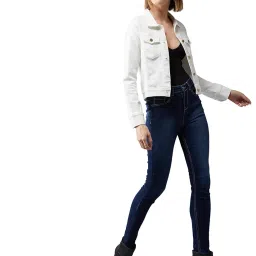 dolce crudo Women's White Polo Neck Full Sleeves Denim Solid Cropped Jacket image 1