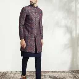 kisah Men's Kurta Indo-Western Sherwani Trouser Set, Multi Silk Blend, Woven Design Regular Fit Mandarin Collar Long Sleeves image 1