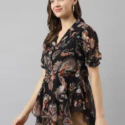 keri perry Women's Black Georgette Paisley Flared Western Top | Summer Top | Western Top | Top for Women | Latest Women Top | Trendy Women Top image 1