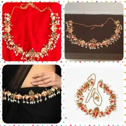 jaynen Gold tone meenakari Trendy Doli Barat shape Combo of Damni + Panja (handcuff)+Kamarbelt (kamarband),Red image 3