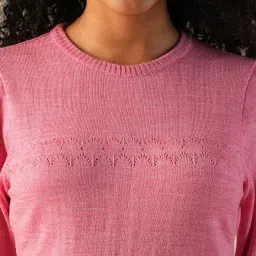 globus Women Round Neck Long Sleeves Self Design Knitted Ribbed Hem Pullover Sweater image 3