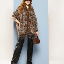 aarika Womens Winter Wear Black Colour Abstract Woolen Pocho image 4