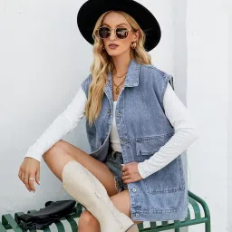 fulaida Denim Women’s Summer Sleeveless Denim Vest | Casual Buttoned Waistcoat for Layering image 5