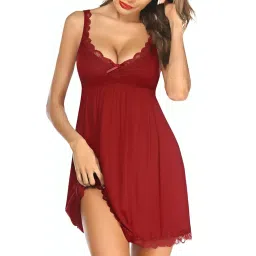 bella intima Lace Babydoll Lingerie Set with Net Fabric Thong Panty Chemise Mesh Printed Nightgown Sleepwear V Neck Nighty for Bridal’s Wedding Nightwear|Maroon image 5