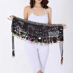 MYADDICTION 2xBelly Dance Waist Chain Hip Skirt Scarf with Sequins Coin Tassel Black image 3