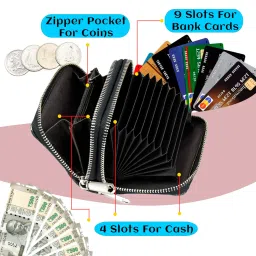 storite 9 Slot Dual Zipper Leather Credit Debit Card Holder Wallet for Women (Black/Grey-11 x 8 x 4cm) image 3