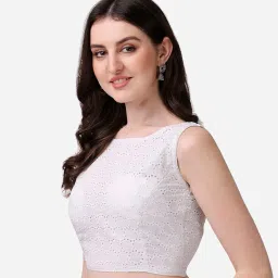 vihu fashion Women's Women's Cotton Chikankari Embroidery Work Readymade Saree Sleeveless Blouse image 2