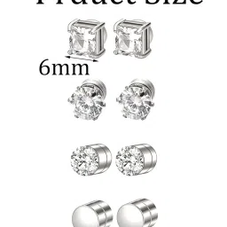 kalamkarix 4 PCS Magnetic Earrings for Men, Non-Piercing Silver Stud Earrings Set, Round and Square CZ Design, Fashion Accessories for Work, Party, Travel image 1