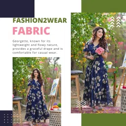 fashion2wear Women's Georgette Casual Floral Digital Print Half Sleeve Knee Length Fit & Flare Long Maxi Gown Dress (Flower_Gown) image 4