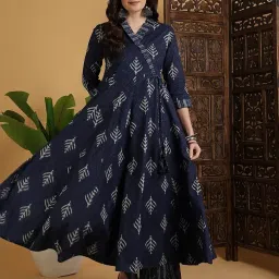 gulmohar jaipur Women's Cotton Calf Length Printed Flared Kurta Suit Set image 1