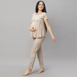 dzzo Women's Cotton Printed Maternity Night Suit | Comfortable Feeding Night Dress | Soft & Breathable Nursing Pajama Set image 1