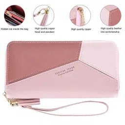 lovelux Women's Long Wallet - Pink PU Leather Zipper Purse with Tassel | Multi-Slot Credit Card Holder & Large Capacity Coin Wallet for Women & Girls (Pink) image 3
