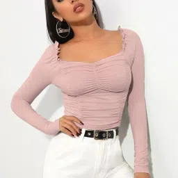 shasmi Women's & Girl's Full Sleeve, Sweat Hear Neck, Frill Trim Ruched Crop Top for Women, Tops, Slim Fit T-Shirts for Girls (Top 71 Black Small) image 3