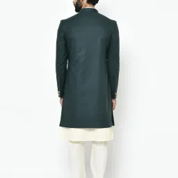 kisah Men Green Solid Cotton Kurta Indo-Western Sherwani Set Indo-Western, Full Sleaves, Knee Length, Straight, Regular Fit, Mandarin Collar Ethnic wear, 42 image 3