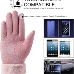 alexvyan Pink Wrist Winter Accessories Hand Arm Warmer Gloves for Women Soft and warm Covered Finger Rabbit Fur Gloves Mittens (Warm, Windproof, Wool) (With Mobile Screen Touch) image 1