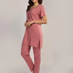duchess Women's Cotton Printed & Embroided Long Length Night Suit Set image 3