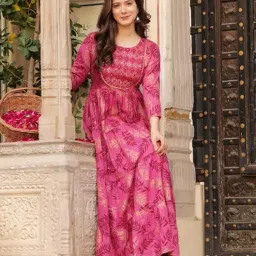 Beautiful Trending Long Pink Gown with Beautiful Front Mirror Embroidery and Floral Print for Women's and Girls image 3