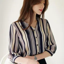 gg style GG Fashion Stylish Striped Western Top for Women | Casual Office Wear Shirt Style Top | Formal Look Ladies Blouse for Daily, Office & Outing – Blue & Black image 2