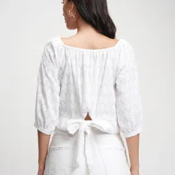 tokyo talkies Women's Embroidered Crop Top | 3/4 Puff Sleeves & Chic Detailing for A Trendy Look | Tops for Woman | Women Tops | Women Crop Top image 5