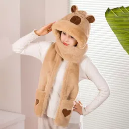merishopp Hoodie Hat Scarf Gloves Set Comfortable Cute Warm Winter Hat for Women Girls Light Brown|Clothing Shoes & Accessories|Kids Clothing Shoes & Accs|Girls Accessories|Hats image 4