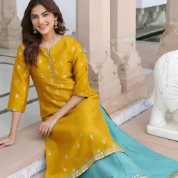 janasya Women's Mustard Silk Blend Gold Print Anarkali Ethnic Dress image 2