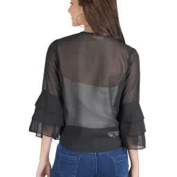 aol Women Front tie-up Lightweight Waist Length Georgette Shrug/Jacket with Layered Sleeves image 2