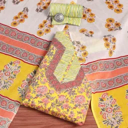 biba Women Yellow Cotton Screen Print Unstitched Suit Set_FREE SIZE image 1