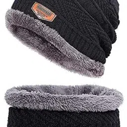 dealsure Winter Beanie Cap & Neck Muffler, Soft Woolen Muffler & Cap Scarf Set for Men & Women Velvet Neck Scarf Warmer Set Knit Hat Thick Fleece Lined Winter Hat Free Size image 5