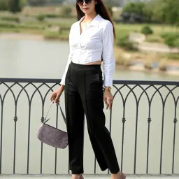 mlada Mid Waist Wide Leg Flared Pants Elastic Waist Band for Women Office Work Formal Wear Stretch Cotton Knit Flare Pants Utility Pockets Extra Flare Pants Trousers for Travel image 2