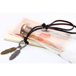 young & forever Gift Boys Opera Length Brown Leather Chain Antique Gold Silver Feather Charm Necklace image 3