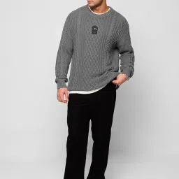 the souled store Cable Knit Pullover: Stone Grey Men and Boys Long Sleeves Round Neck Grey Acrylic Oversized Pullovers image 1