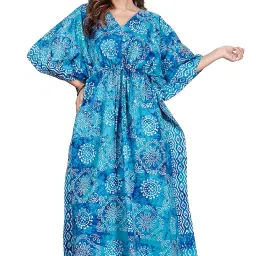 thekaftanshop Women's 100% Pure Cotton Hand Dyed Batik Free Size Kaftan | Nightwear Kaftan | Nighty for Women | Lounge Wear | Sleepwear - Blue Block Design K62 image 3
